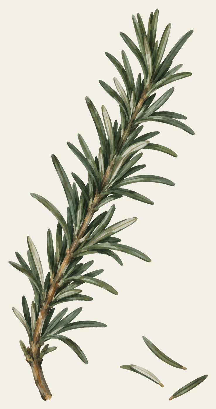 Gouache botanical plate of a rosemary sprig with fallen needles